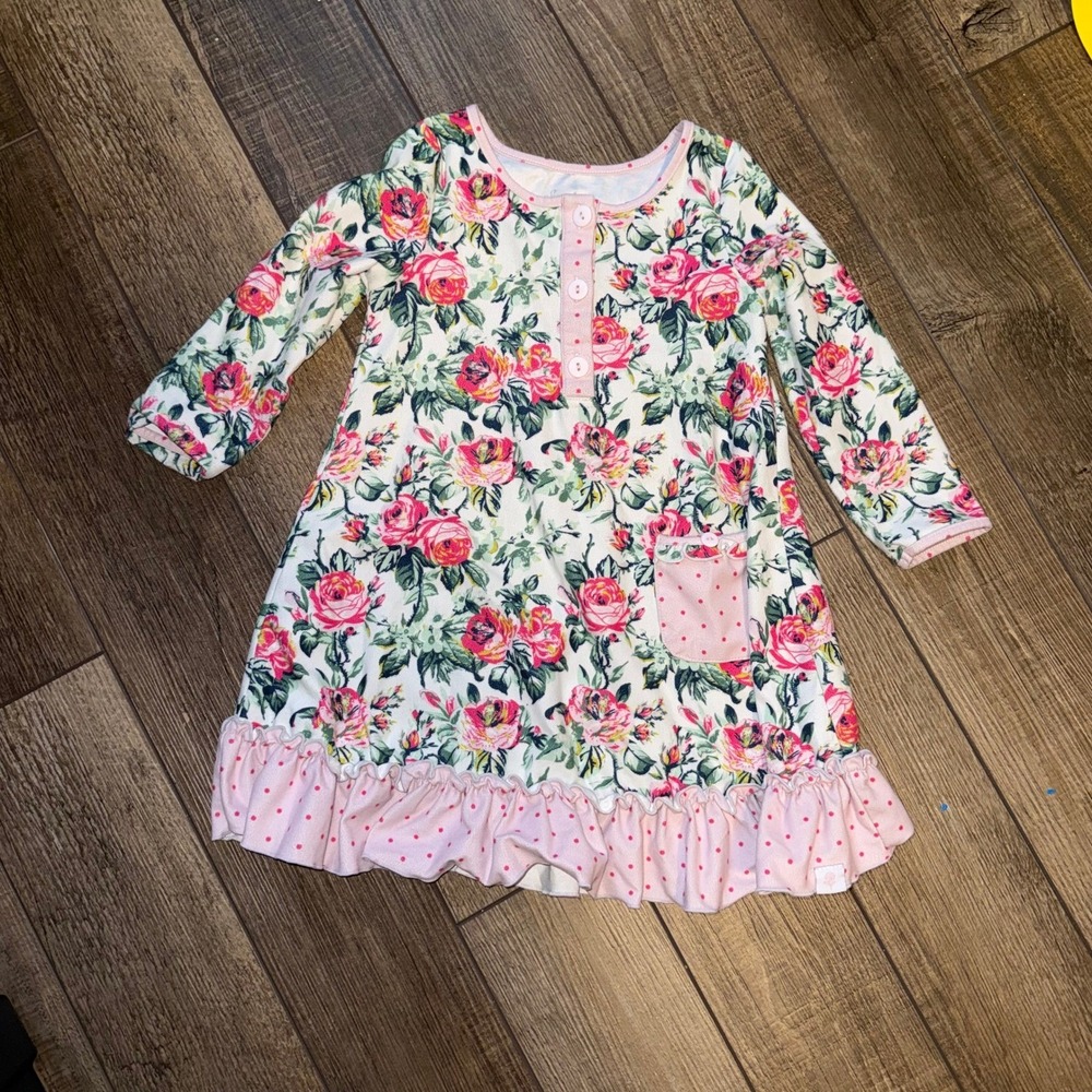 SweetHoney Girls 4T Floral Rose Long Sleeve Ruffle Henley Dress Pink Polka Dot